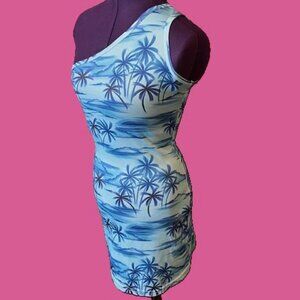 One shoulder swim cover dress palm trees in shades of blue by Ocean Drive